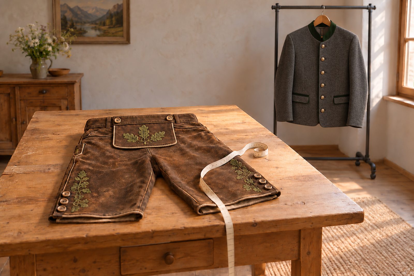 Zuschneidetisch mit einer braunen Lederhose und einem Maßband, dahinter ein grauer Trachtenjanker auf einem Kleiderständer
