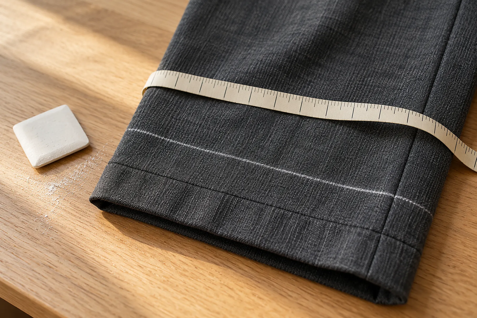 Saum einer grauen Wollhose mit frischem Kreidestrich und Maßband